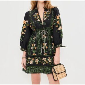 NWT, Farm Rio Black Flowers Arch Lenzing Ecovero Euroflax Mini Dress, Small